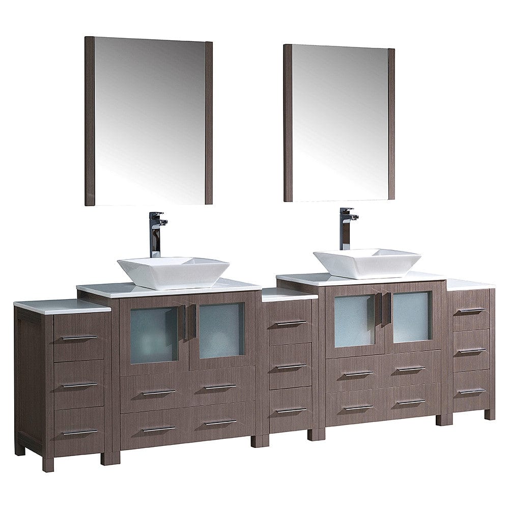 Fresca Torino 96" Gray Oak Modern Double Sink Bathroom Vanity w/ 3 Side Cabinets & Vessel Sinks