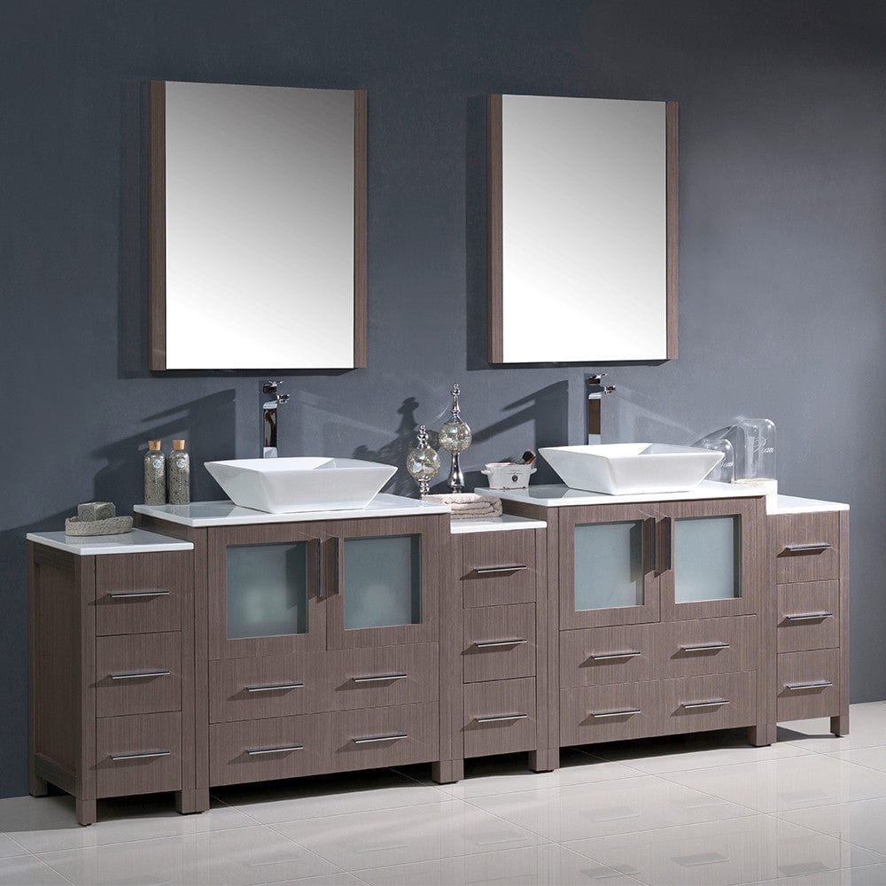 Fresca Torino 96 Gray Oak Modern Double Sink Bathroom Vanity w/ 3 Side Cabinets & Vessel Sinks