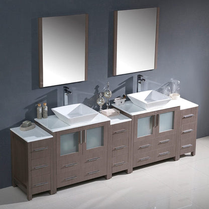 Fresca Torino 96 Gray Oak Modern Double Sink Bathroom Vanity w/ 3 Side Cabinets & Vessel Sinks