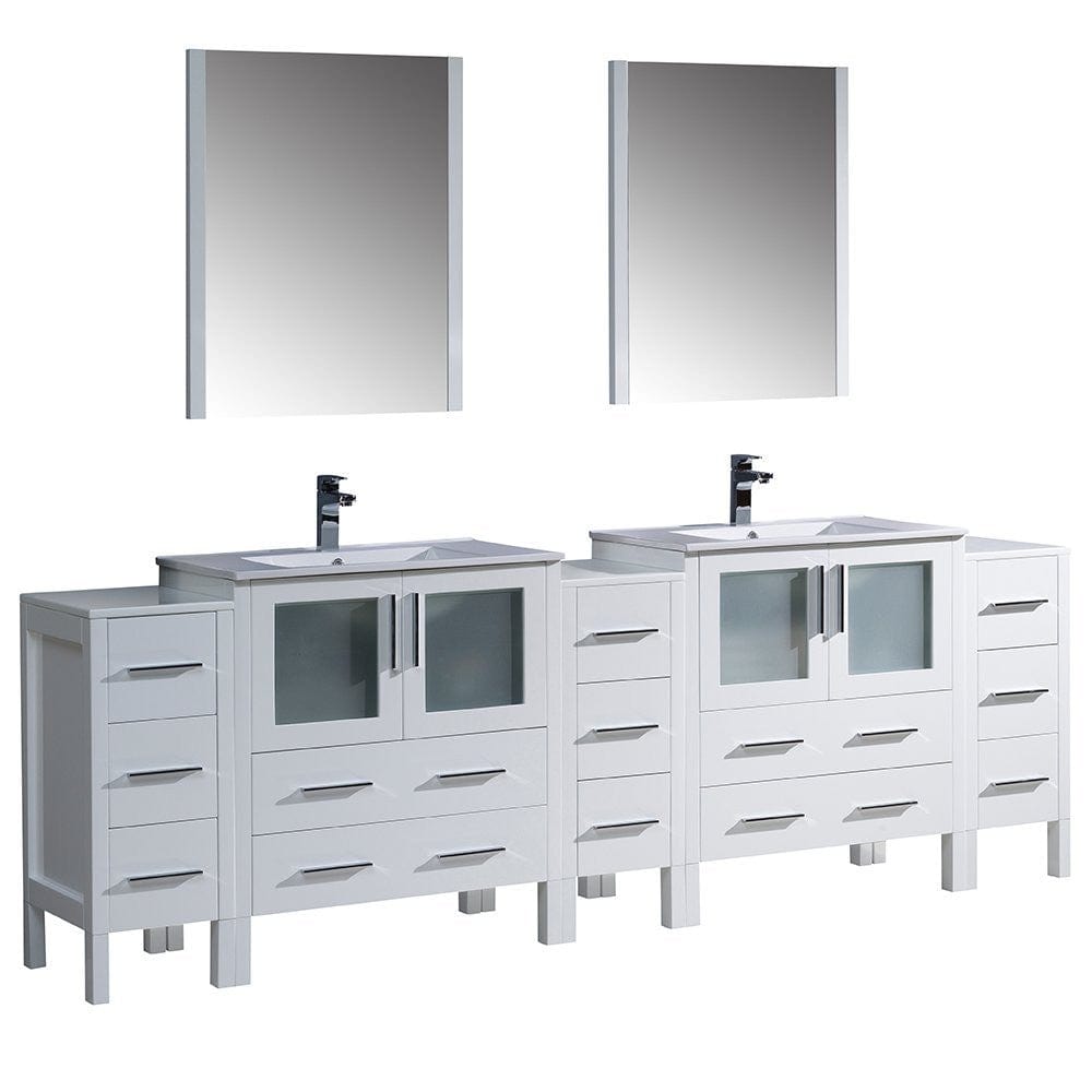 Fresca Torino 96" White Modern Double Sink Bathroom Vanity w/ 3 Side Cabinets & Integrated Sinks 