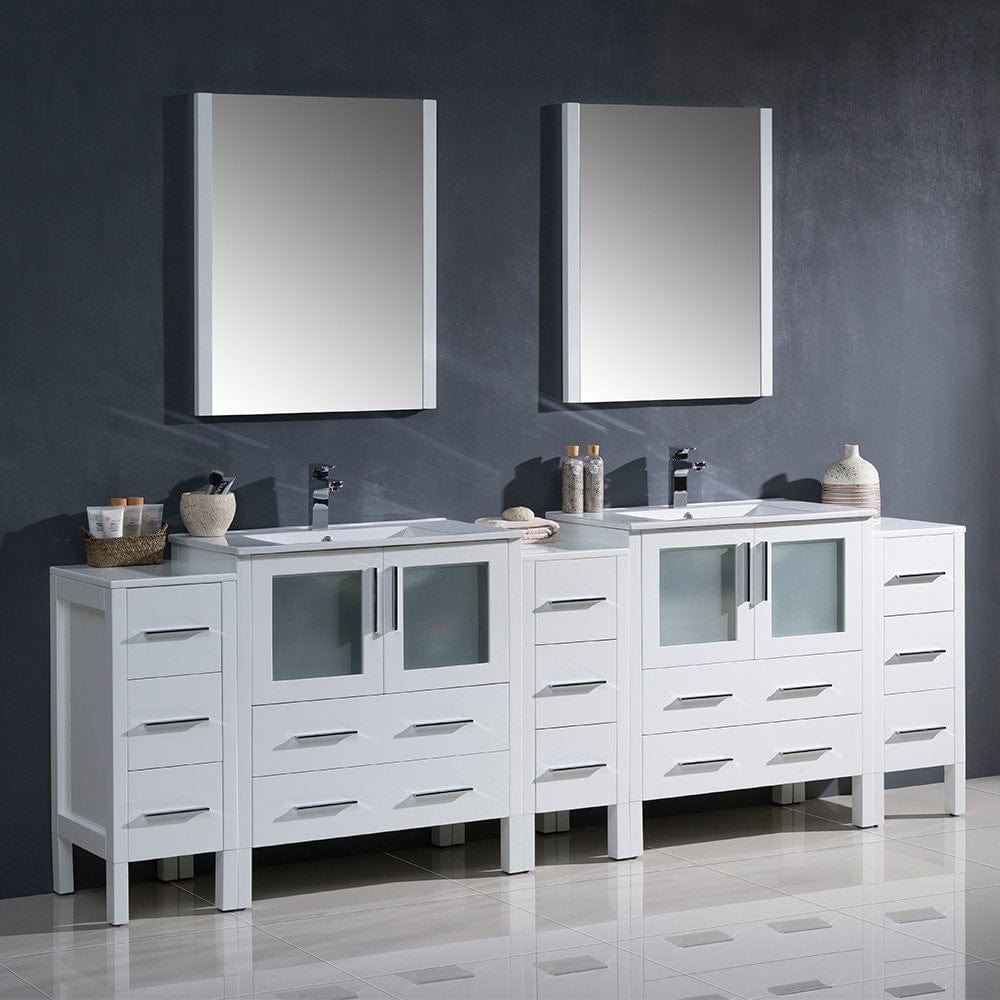 Fresca Torino 96 White Modern Double Sink Bathroom Vanity w/ 3 Side Cabinets & Integrated Sinks