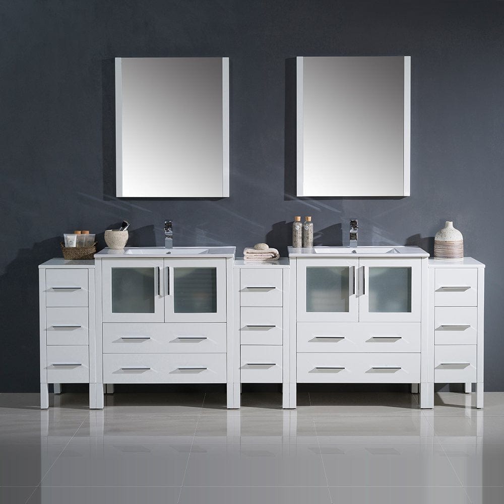 Fresca Torino 96 White Modern Double Sink Bathroom Vanity w/ 3 Side Cabinets & Integrated Sinks