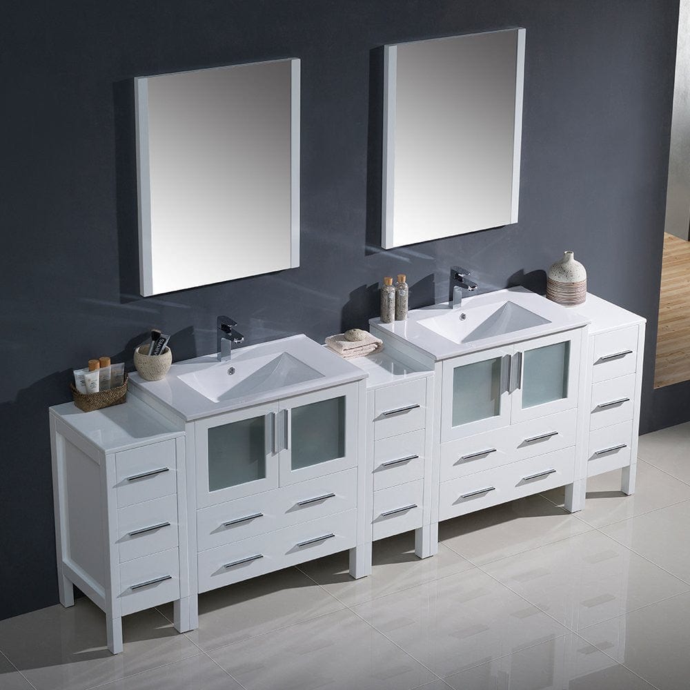 Fresca Torino 96 White Modern Double Sink Bathroom Vanity w/ 3 Side Cabinets & Integrated Sinks