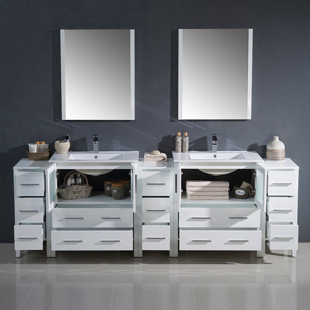 Fresca Torino 96 White Modern Double Sink Bathroom Vanity w/ 3 Side Cabinets & Integrated Sinks