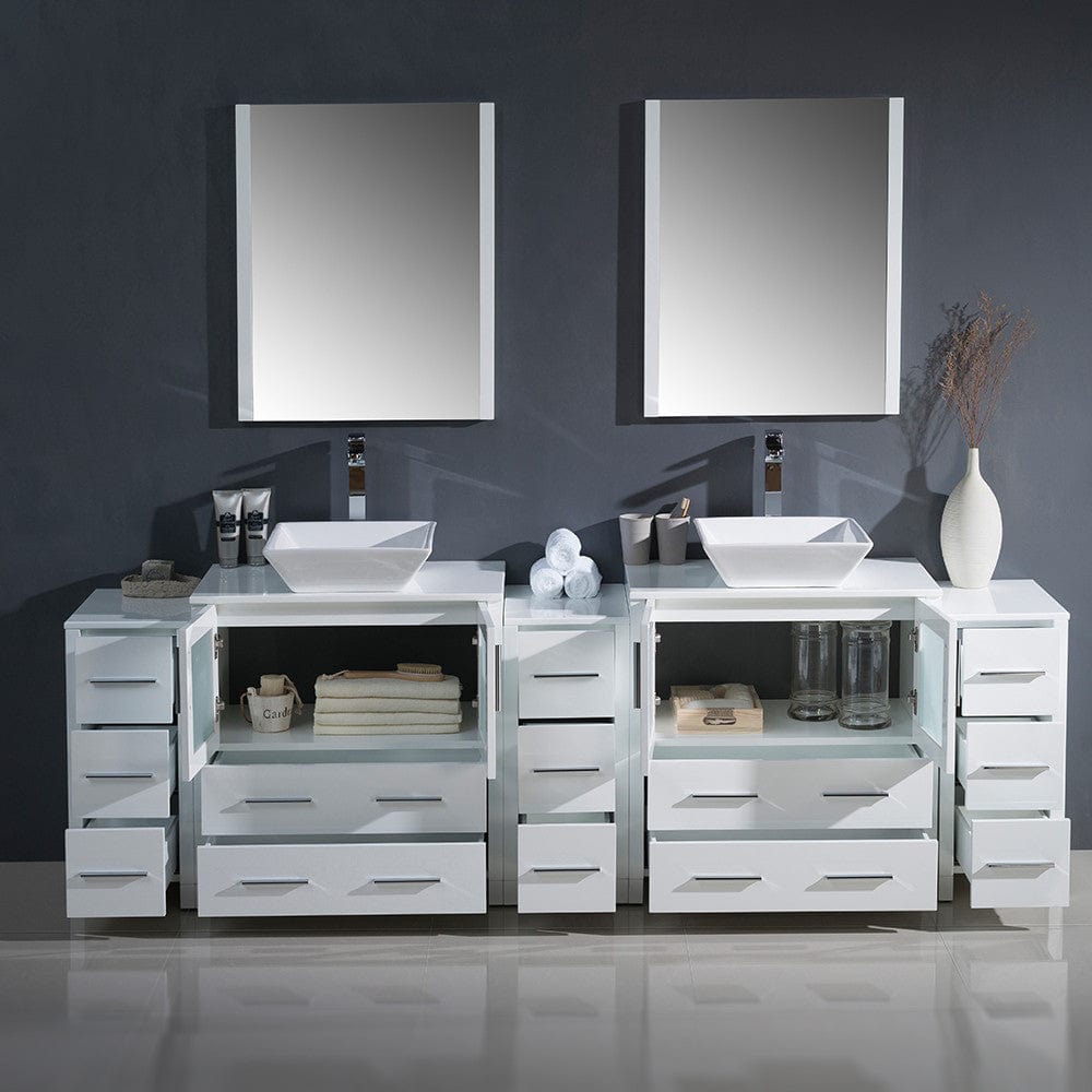 Fresca Torino 96 White Modern Double Sink Bathroom Vanity w/ 3 Side Cabinets & Vessel Sinks