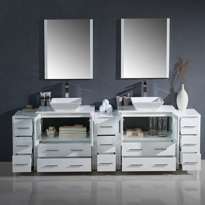 Fresca Torino 96 White Modern Double Sink Bathroom Vanity w/ 3 Side Cabinets & Vessel Sinks