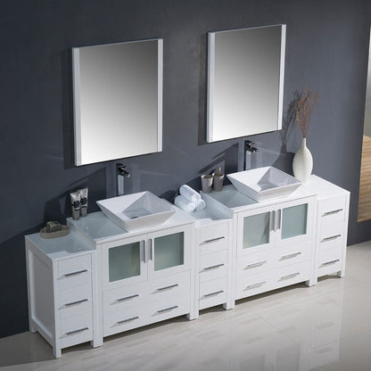 Fresca Torino 96 White Modern Double Sink Bathroom Vanity w/ 3 Side Cabinets & Vessel Sinks