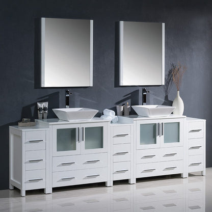 Fresca Torino 96 White Modern Double Sink Bathroom Vanity w/ 3 Side Cabinets & Vessel Sinks