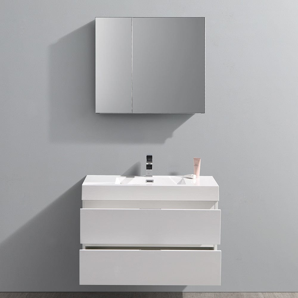 Fresca Valencia 36 Glossy White Wall Hung Modern Bathroom Vanity Set  w/ Medicine Cabinet