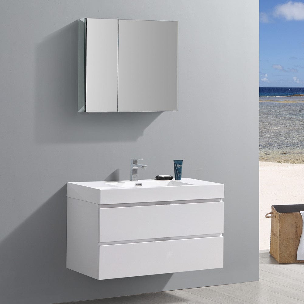 Fresca Valencia 40 Glossy White Wall Hung Modern Bathroom Vanity Set  w/ Medicine Cabinet