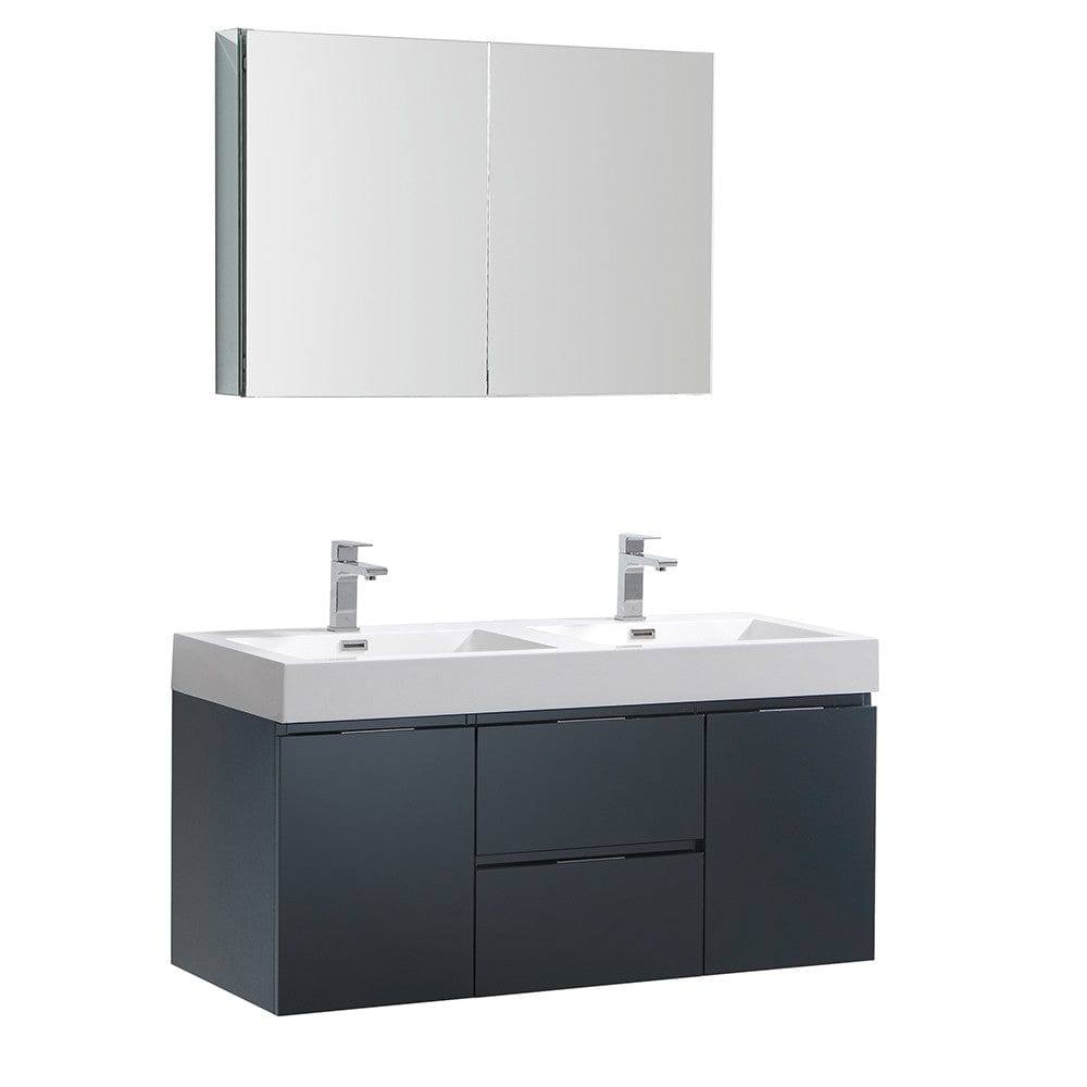 Fresca Valencia 48" Dark Slate Gray Wall Hung Double Sink Modern Bathroom Vanity Set  w/ Medicine Cabinet