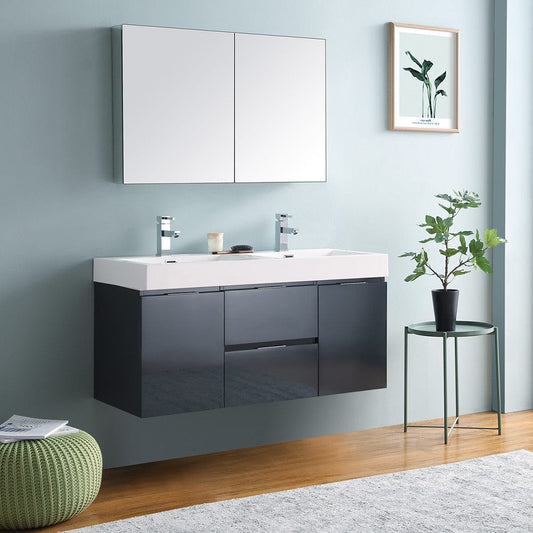 Fresca Valencia 48 Dark Slate Gray Wall Hung Double Sink Modern Bathroom Vanity Set  w/ Medicine Cabinet