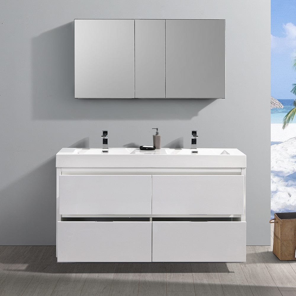 Fresca Valencia 60 Glossy White Free Standing Double Sink Modern Bathroom Vanity Set  w/ Medicine Cabinet