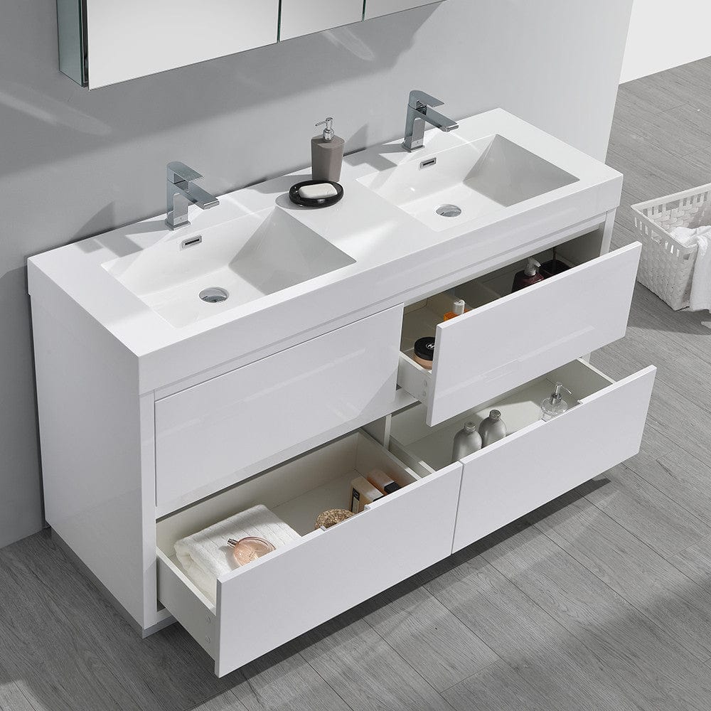 Fresca Valencia 60 Glossy White Free Standing Double Sink Modern Bathroom Vanity Set  w/ Medicine Cabinet