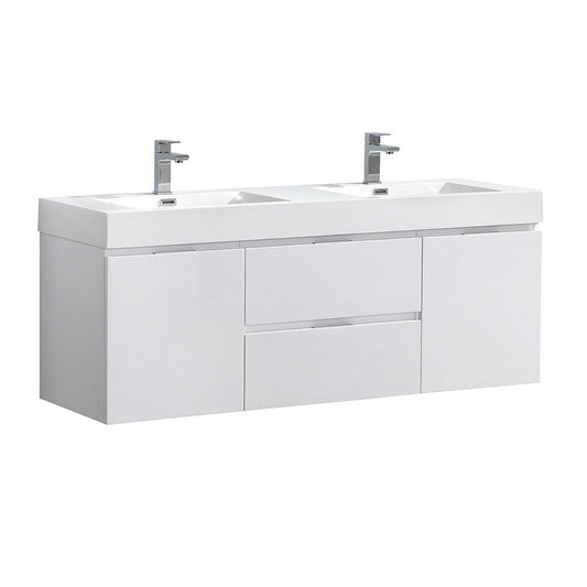 Fresca Valencia 60" Glossy White Wall Hung Double Sink Modern Bathroom Vanity