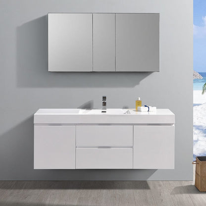 Fresca Valencia 60 Glossy White Wall Hung Modern Bathroom Vanity Set  w/ Medicine Cabinet