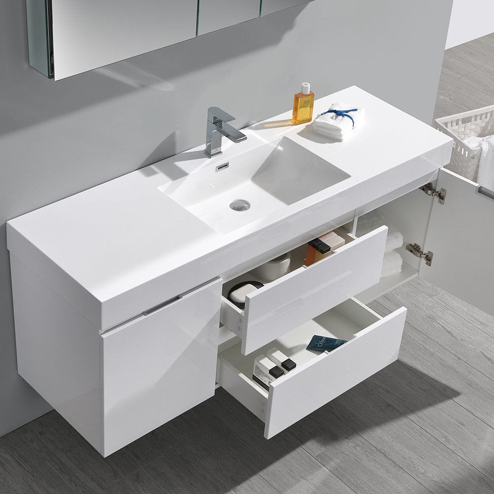 Fresca Valencia 60 Glossy White Wall Hung Modern Bathroom Vanity Set  w/ Medicine Cabinet