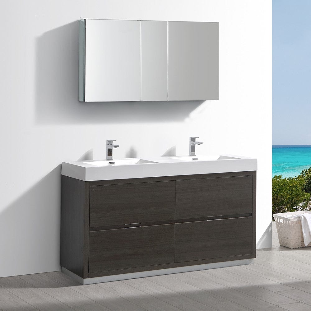 Fresca Valencia 60 Gray Oak Free Standing Double Sink Modern Bathroom Vanity Set  w/ Medicine Cabinet