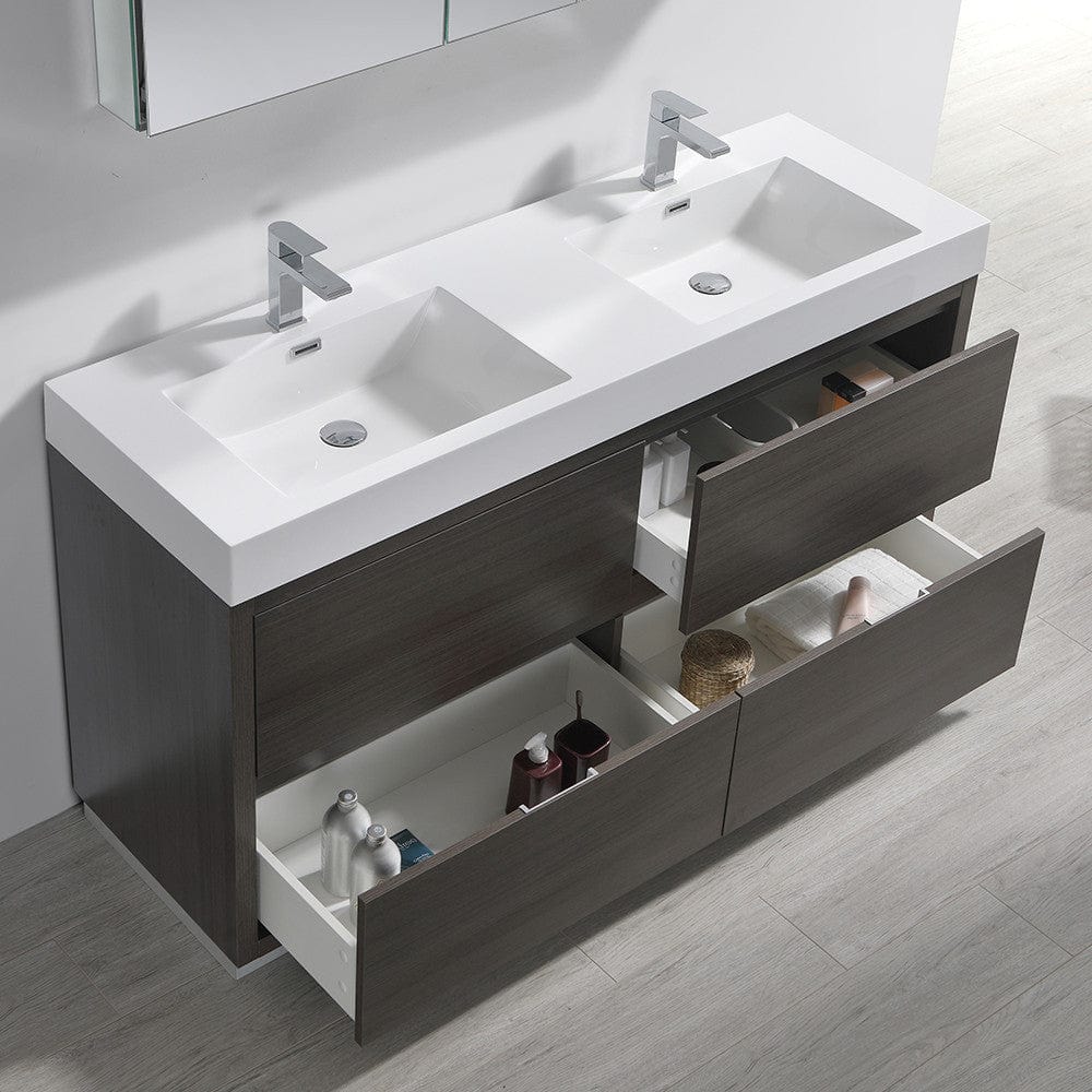 Fresca Valencia 60 Gray Oak Free Standing Double Sink Modern Bathroom Vanity Set  w/ Medicine Cabinet