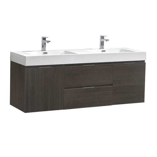 Fresca Valencia 60" Gray Oak Wall Hung Double Sink Modern Bathroom Vanity