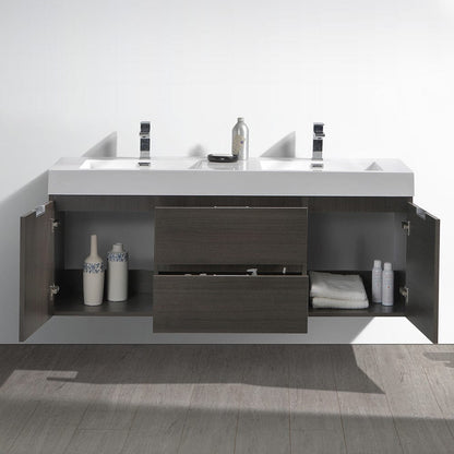 Fresca Valencia 60 Gray Oak Wall Hung Double Sink Modern Bathroom Vanity