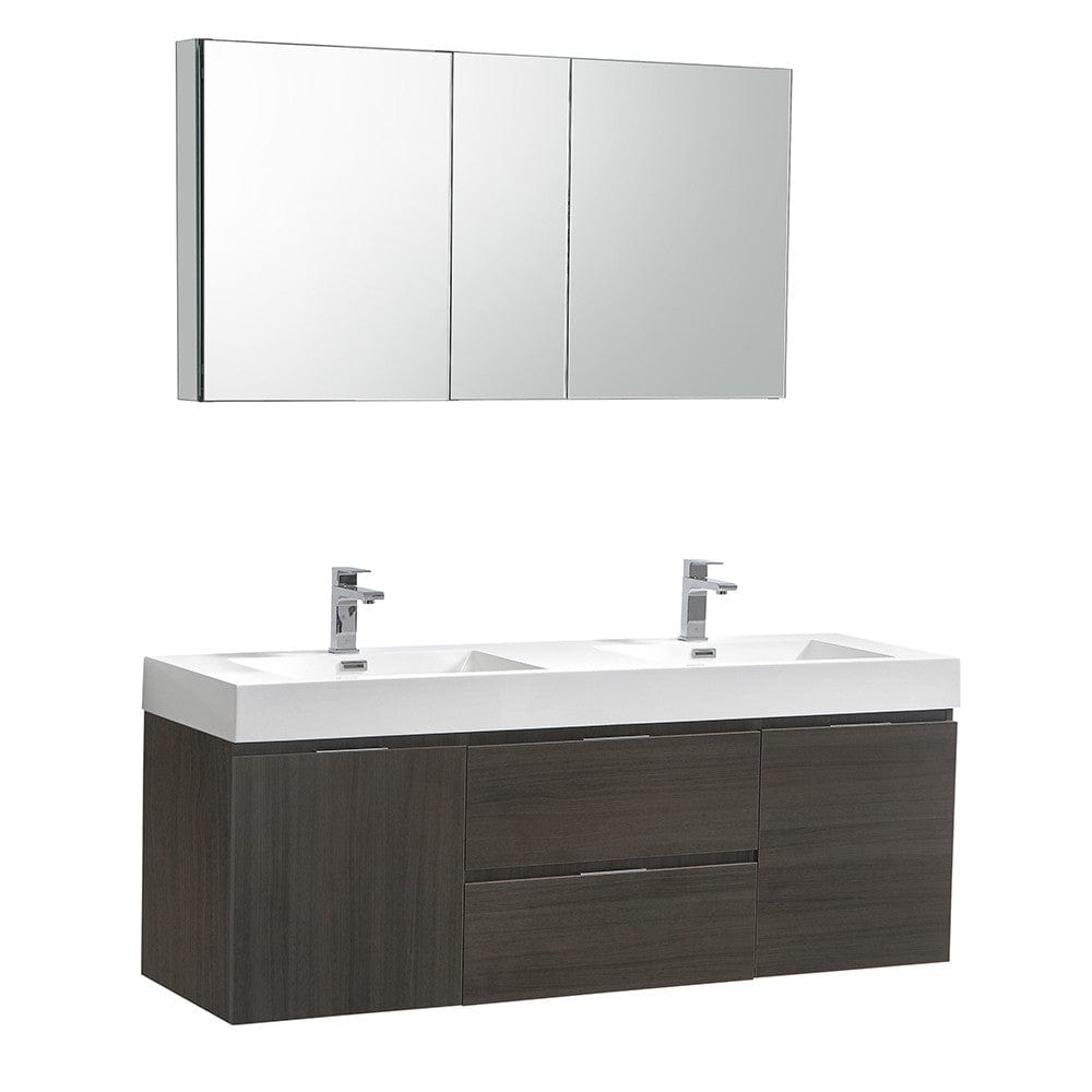 Fresca Valencia 60" Gray Oak Wall Hung Double Sink Modern Bathroom Vanity Set  w/ Medicine Cabinet