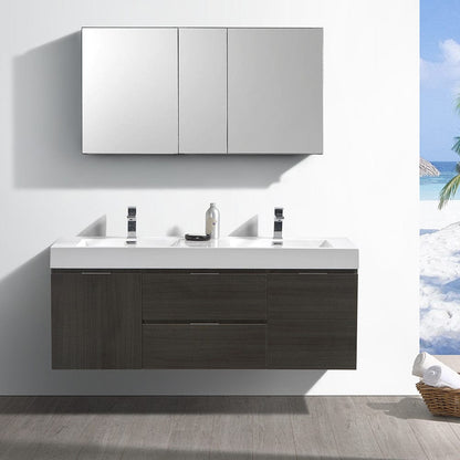 Fresca Valencia 60 Gray Oak Wall Hung Double Sink Modern Bathroom Vanity Set  w/ Medicine Cabinet