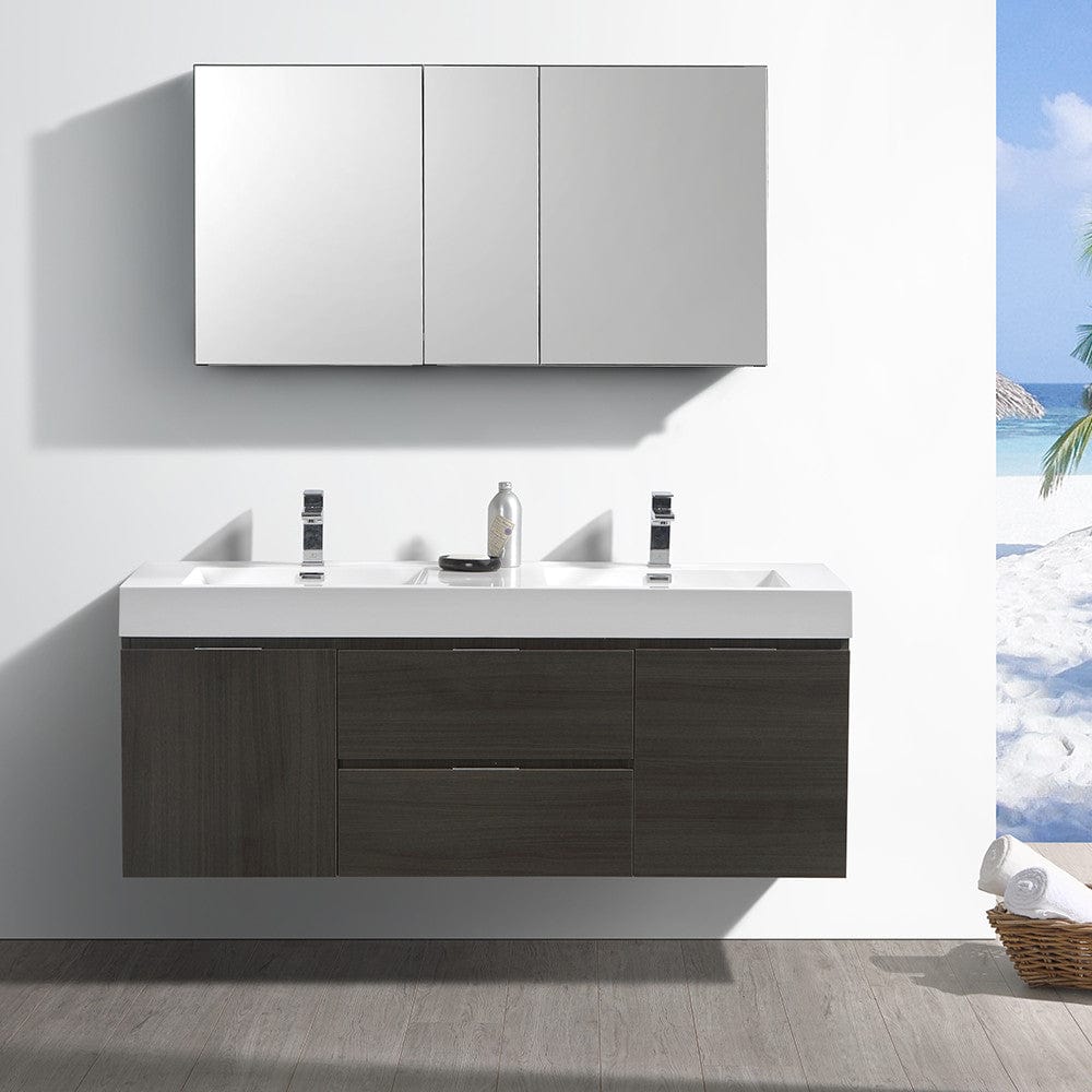 Fresca Valencia 60 Gray Oak Wall Hung Double Sink Modern Bathroom Vanity Set  w/ Medicine Cabinet
