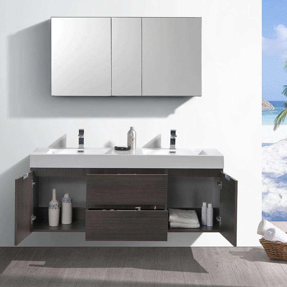 Fresca Valencia 60 Gray Oak Wall Hung Double Sink Modern Bathroom Vanity Set  w/ Medicine Cabinet