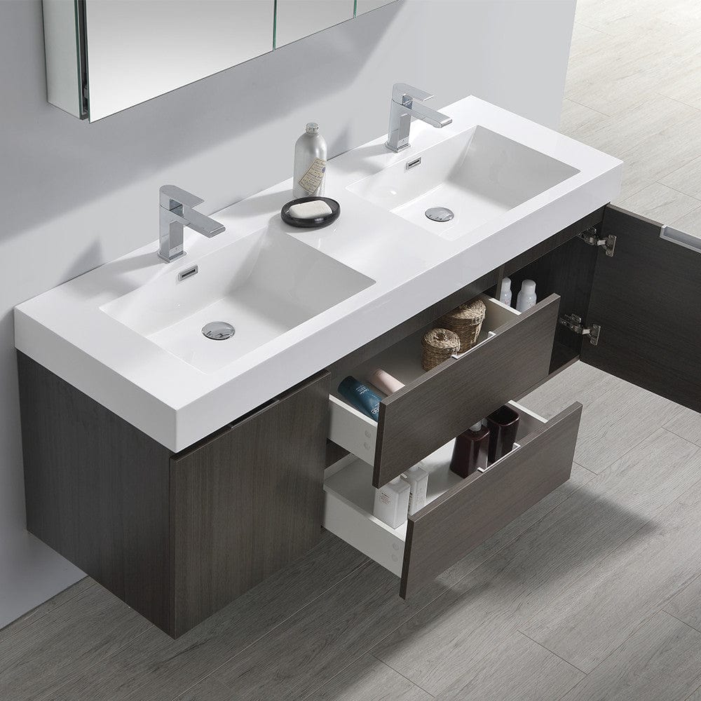 Fresca Valencia 60 Gray Oak Wall Hung Double Sink Modern Bathroom Vanity Set  w/ Medicine Cabinet