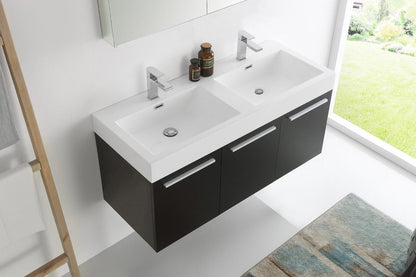 Fresca Vista 48 Black Wall Hung Double Sink Modern Bathroom Vanity w/ Medicine Cabinet