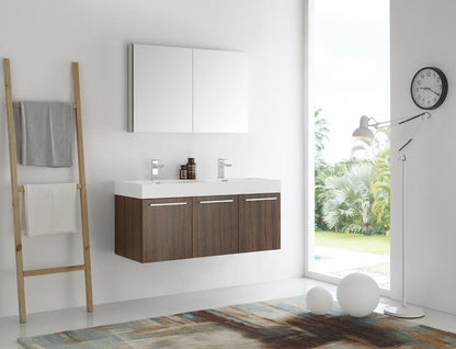 Fresca Vista 48" Walnut Wall Hung Double Sink Modern Bathroom Vanity w/ Medicine Cabinet