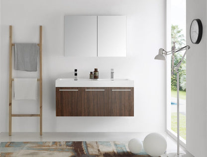 Fresca Vista 48 Walnut Wall Hung Double Sink Modern Bathroom Vanity w/ Medicine Cabinet