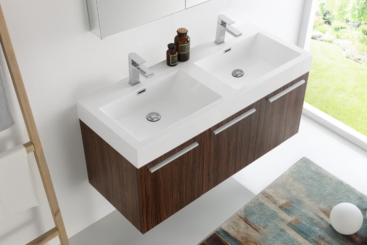 Fresca Vista 48 Walnut Wall Hung Double Sink Modern Bathroom Vanity w/ Medicine Cabinet