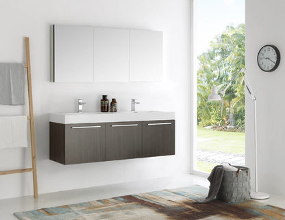 Fresca Vista 60" Gray Oak Wall Hung Double Sink Modern Bathroom Vanity w/ Medicine Cabinet