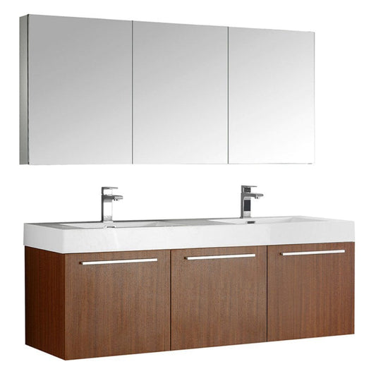 Fresca Vista 60" Teak Wall Hung Double Sink Modern Bathroom Vanity w/ Medicine Cabinet 