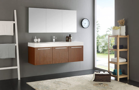 Fresca Vista 60" Teak Wall Hung Single Sink Modern Bathroom Vanity w/ Medicine Cabinet