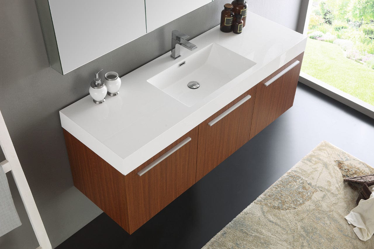 Fresca Vista 60 Teak Wall Hung Single Sink Modern Bathroom Vanity w/ Medicine Cabinet