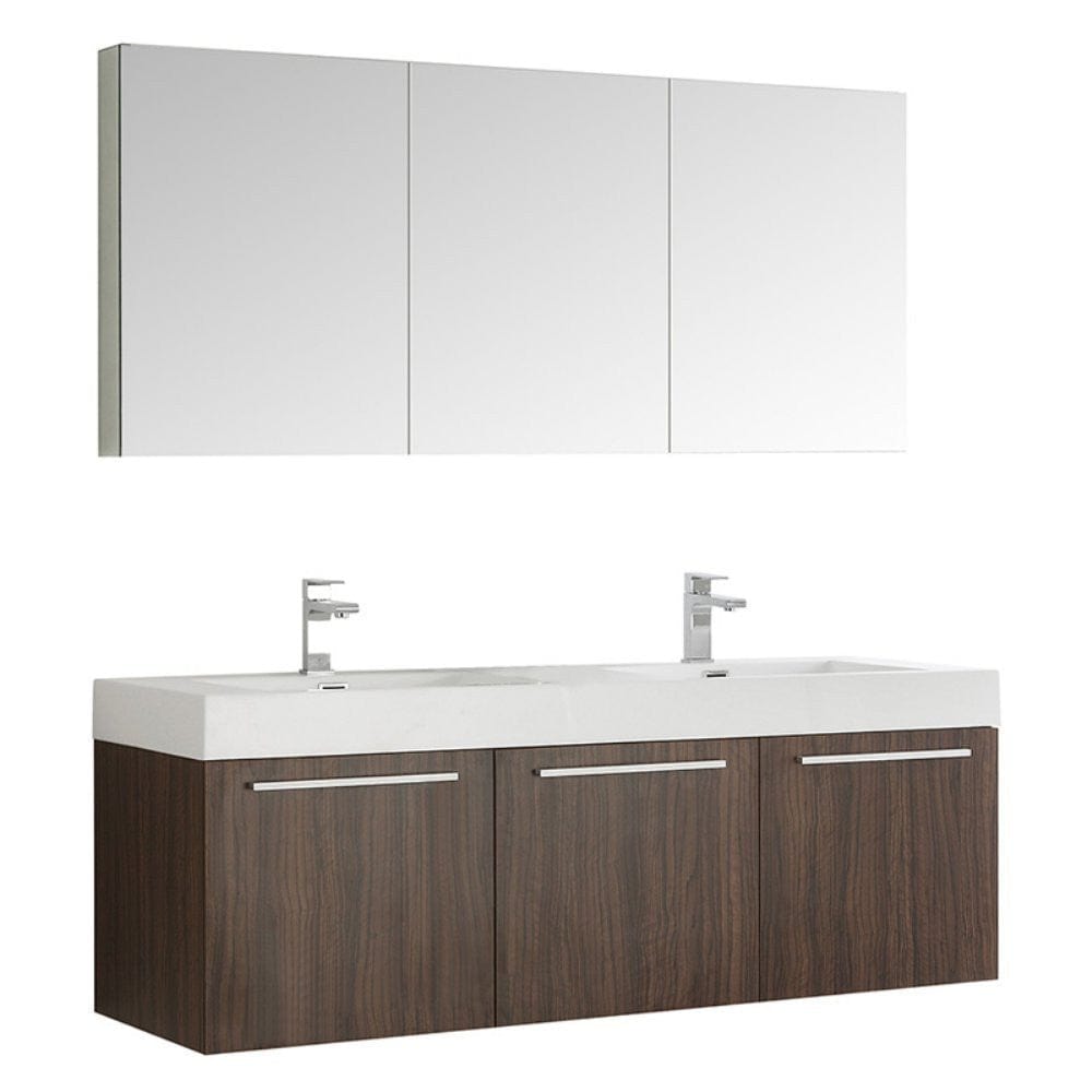 Fresca Vista 60" Walnut Wall Hung Double Sink Modern Bathroom Vanity w/ Medicine Cabinet