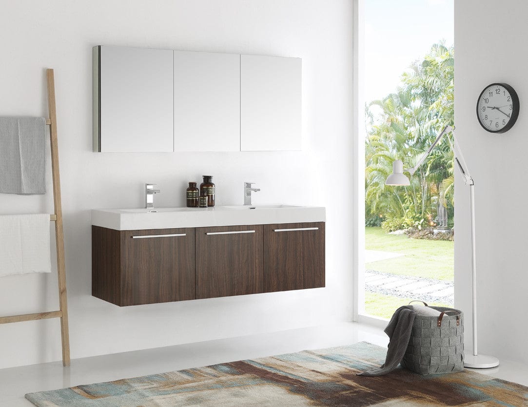 Fresca Vista 60" Walnut Wall Hung Double Sink Modern Bathroom Vanity w/ Medicine Cabinet