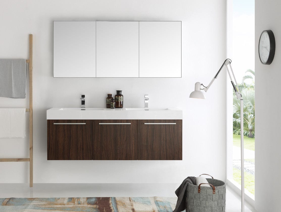 Fresca Vista 60 Walnut Wall Hung Double Sink Modern Bathroom Vanity w/ Medicine Cabinet