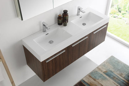 Fresca Vista 60 Walnut Wall Hung Double Sink Modern Bathroom Vanity w/ Medicine Cabinet