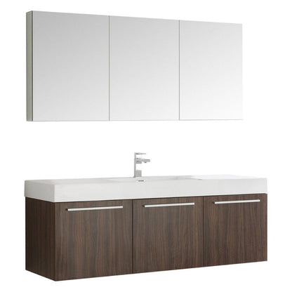Fresca Vista 60" Walnut Wall Hung Single Sink Modern Bathroom Vanity w/ Medicine Cabinet 