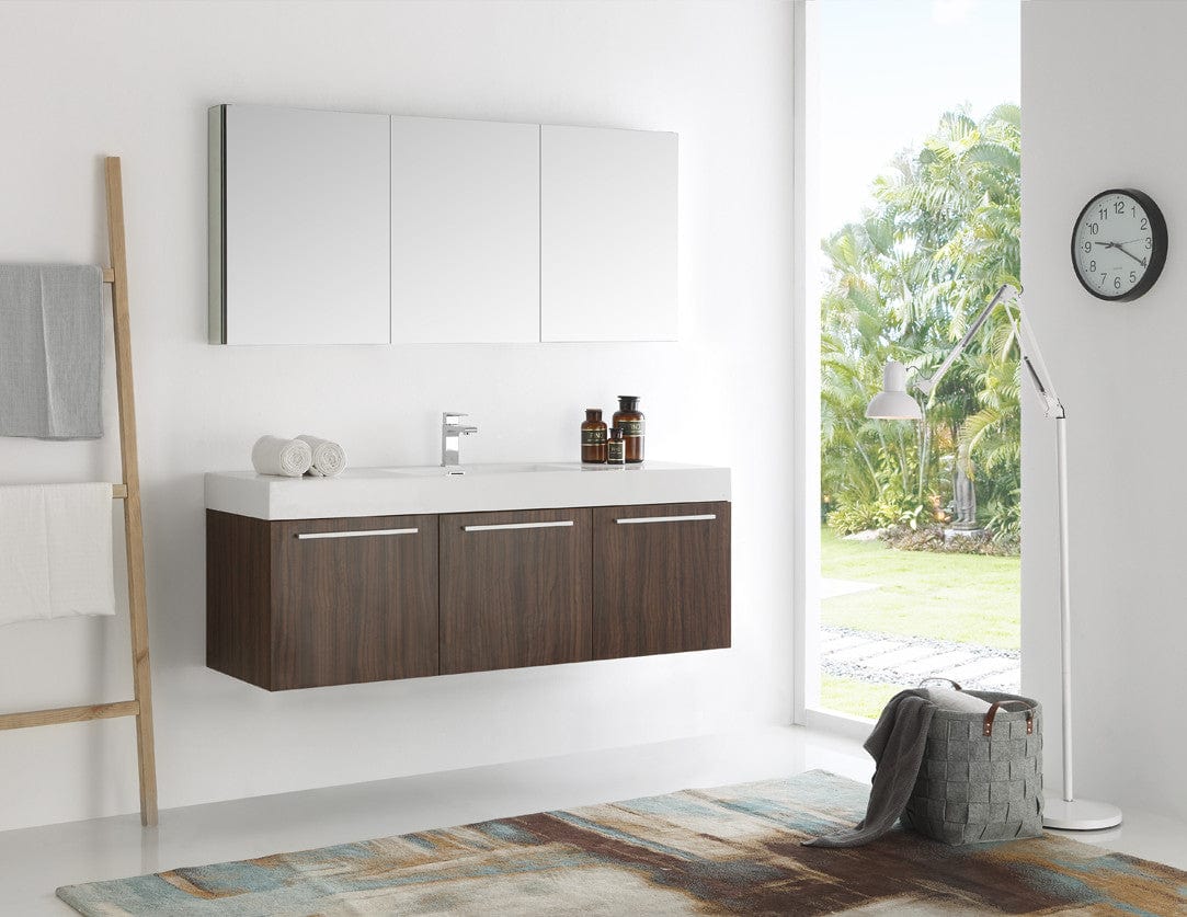 Fresca Vista 60" Walnut Wall Hung Single Sink Modern Bathroom Vanity w/ Medicine Cabinet