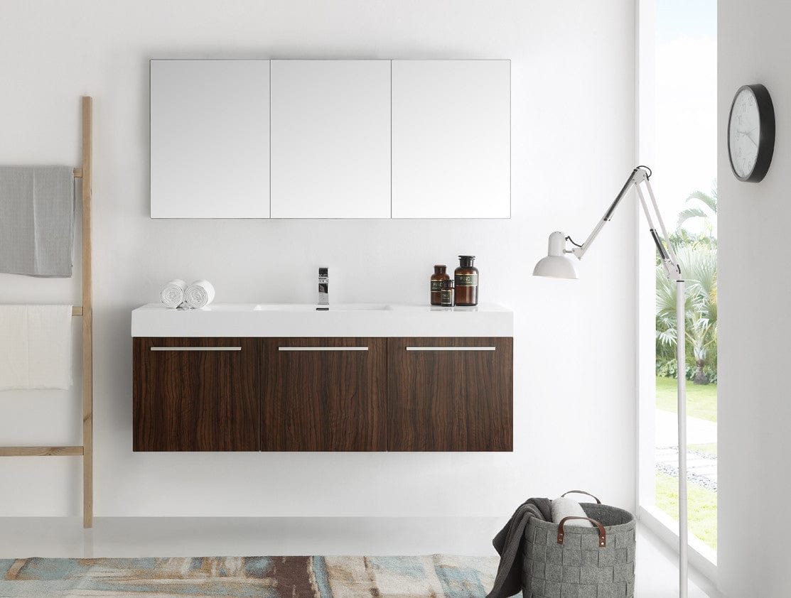 Fresca Vista 60 Walnut Wall Hung Single Sink Modern Bathroom Vanity w/ Medicine Cabinet
