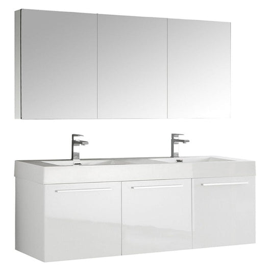 Fresca Vista 60" White Wall Hung Double Sink Modern Bathroom Vanity w/ Medicine Cabinet