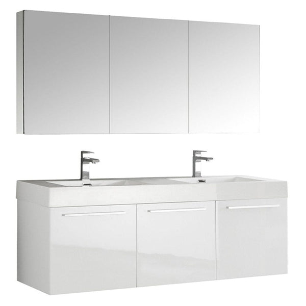 Fresca Vista 60 White Wall Hung Double Sink Modern Bathroom Vanity w/ Medicine Cabinet