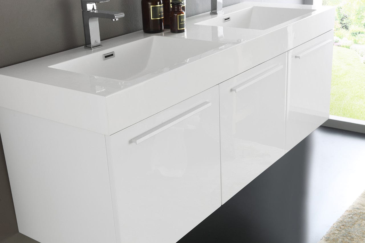Fresca Vista 60 White Wall Hung Double Sink Modern Bathroom Vanity w/ Medicine Cabinet