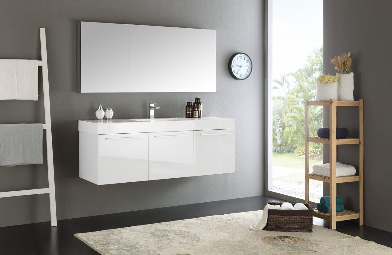 Fresca Vista 60" White Wall Hung Single Sink Modern Bathroom Vanity w/ Medicine Cabinet