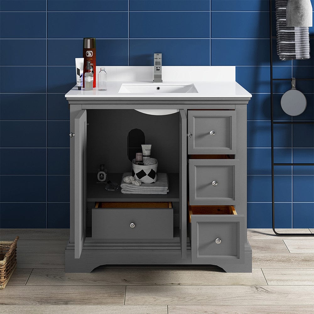 Fresca Windsor 36 Gray Textured Traditional Bathroom Cabinet w/ Top & Sink | FCB2436GRV-CWH-U